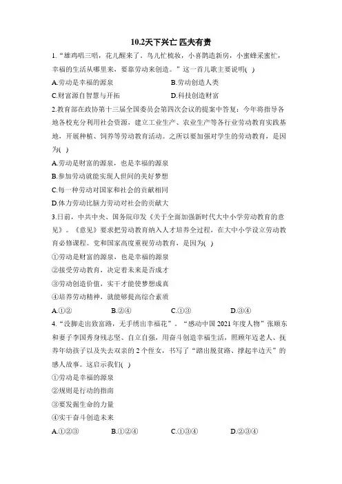人教部编版道德与法治八年级上册课时练习：10.2天下兴亡 匹夫有责