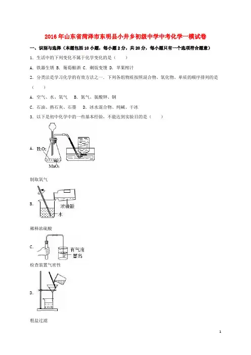 山东省菏泽市东明县小井乡初级中学2016年中考化学一模试卷(含解析)