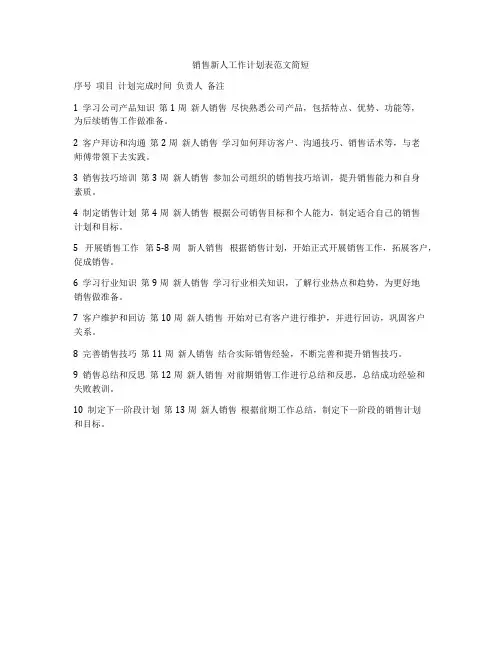 销售新人工作计划表范文简短