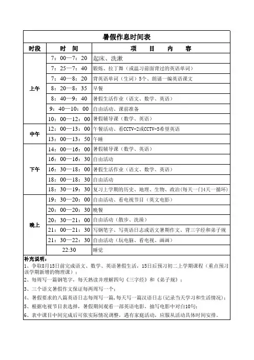 中学生暑假作息时间表模板