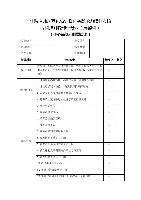 住院医师规范化培训临床实践能力结业考核专科技能操作评分表(麻醉科)中心静脉穿刺置管术