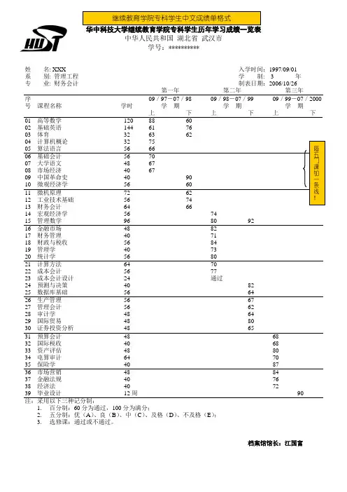 华中科技大学继续教育学院专科学生历年学习成绩一览表.