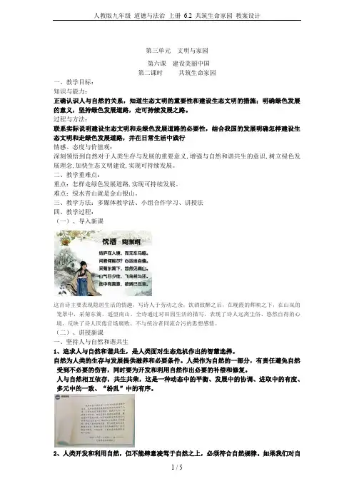 人教版九年级 道德与法治 上册 6.2 共筑生命家园 教案设计