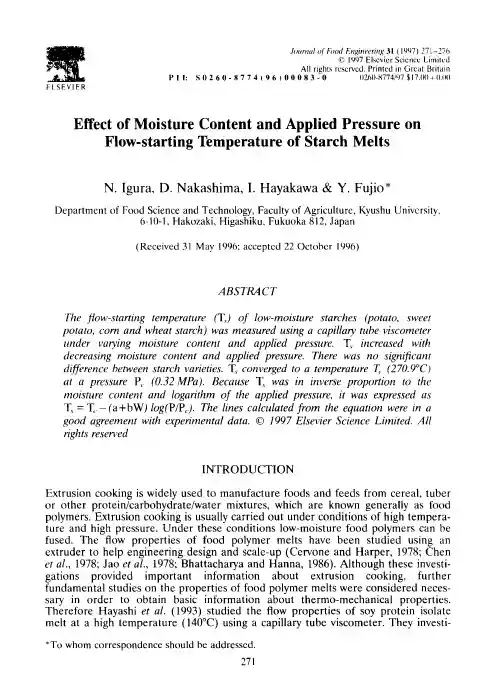 Effect of moisture content and applied pressure on flow-starting temperature of starch melts