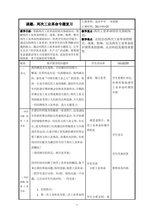 课题：两次工业革命专题复习