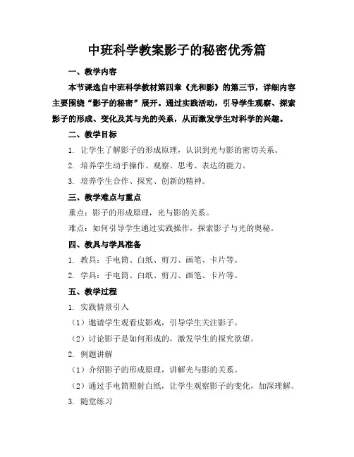 中班科学教案影子的秘密优秀篇