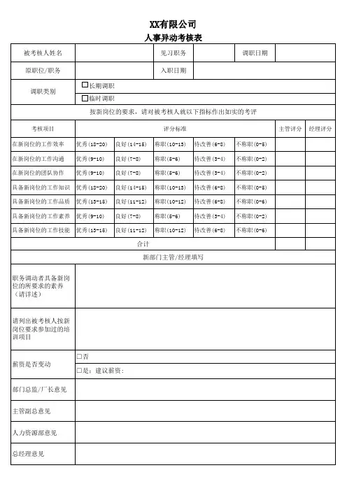人事异动考核表