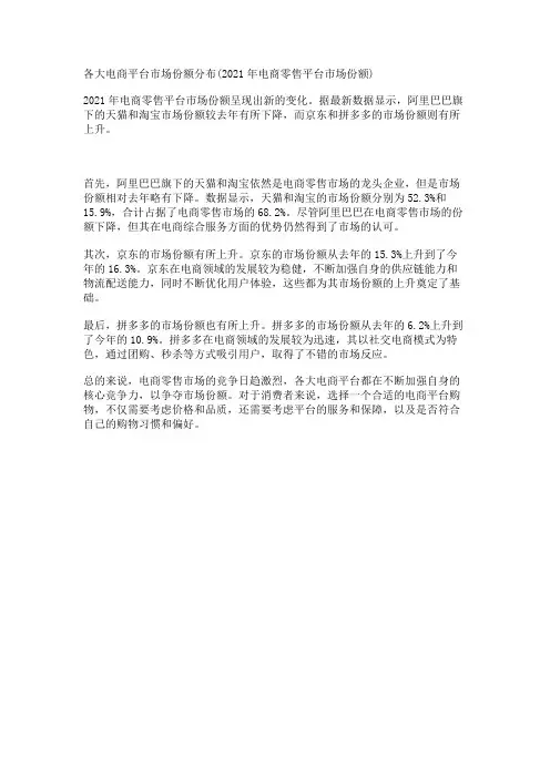 各大电商平台市场份额分布(2021年电商零售平台市场份额)