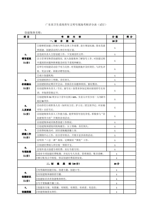 广东省卫生系统青年文明号现场考核评分表(试行)