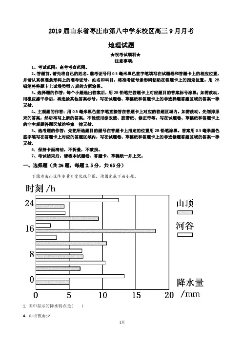 2019届山东省枣庄市第八中学东校区高三9月月考地理试题(解析版)
