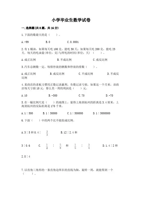 小学毕业生数学试卷附答案(综合卷)