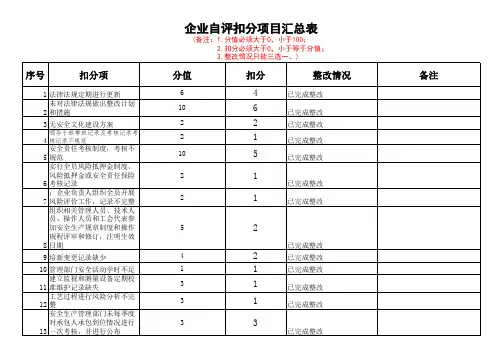 企业自评扣分项目汇总表