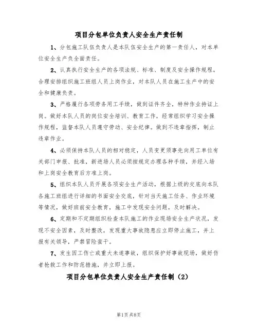 项目分包单位负责人安全生产责任制(5篇)