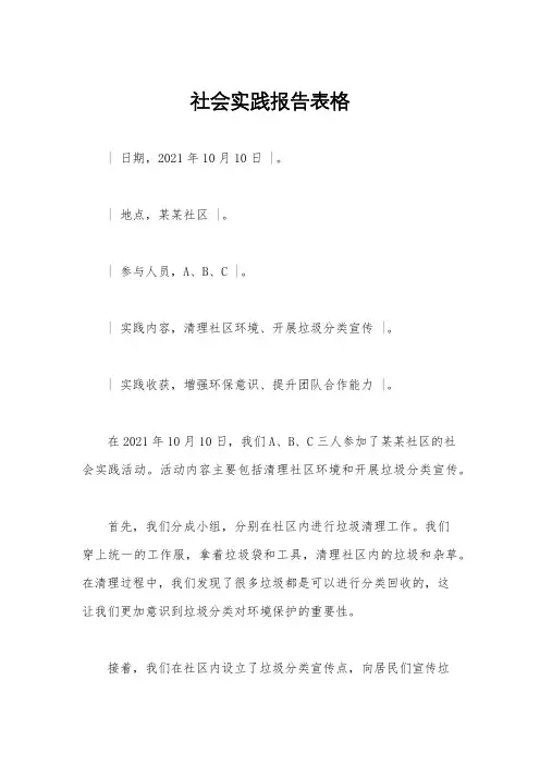 社会实践报告表格