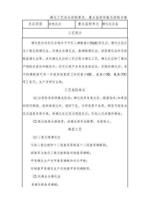 磺化工艺安全控制要求、重点监控参数及控制方案