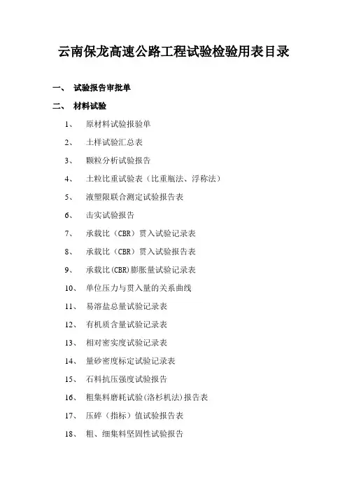 工程试验检验用表目录
