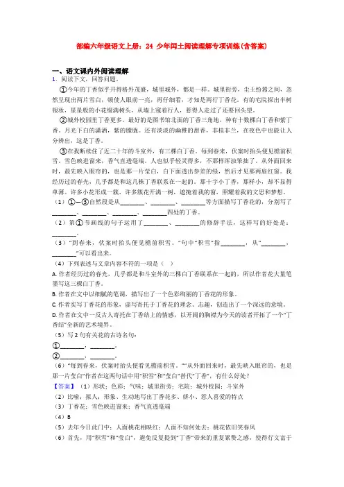部编六年级语文上册：24 少年闰土阅读理解专项训练(含答案)