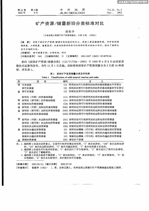 矿产资源／储量新旧分类标准对比
