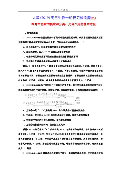 人教(2019)高三生物一轮复习检测题(9) 绿叶中色素的提取和分离、光合作用的基本过程