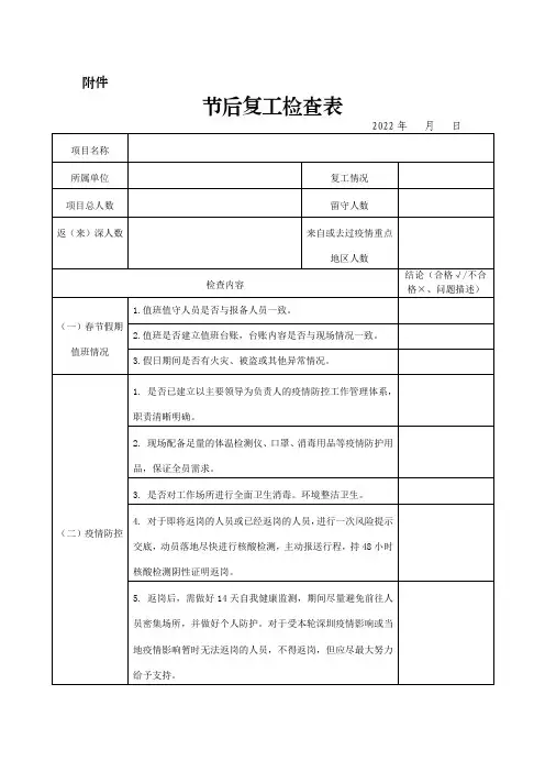 节后复工复产专项检查表