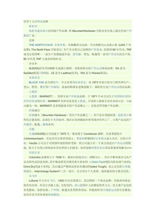 世界十大冲锋衣品牌