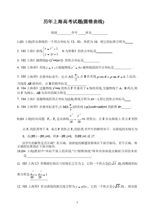 历年上海高考试题（圆锥曲线）