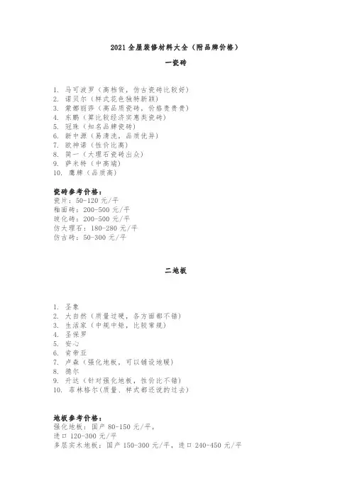 2021全屋装修材料大全(附品牌价格)