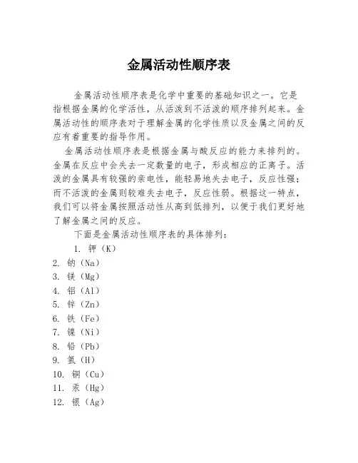 金属活动性顺序表
