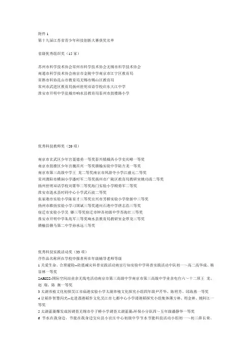 第十九届江苏省青少年科技创新大赛获奖名单