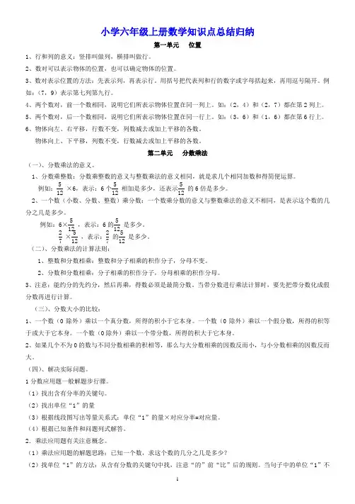小学六年级上册数学知识点总结归纳(绝对经典)