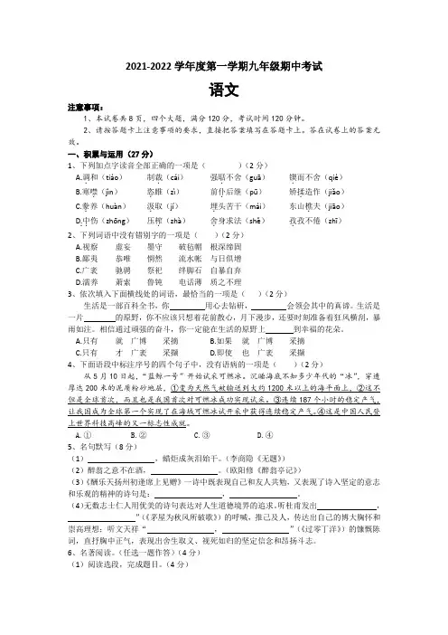 河南省周口市第十九初级中学2021-2022学年九年级上学期期中考试语文试题