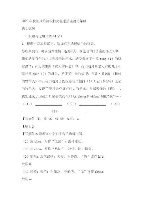 河南省南阳市唐河县2023-2024学年七年级上学期期末语文试题(原卷版+解析版)