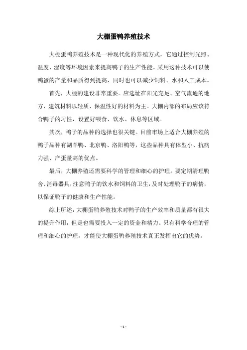 大棚蛋鸭养殖技术