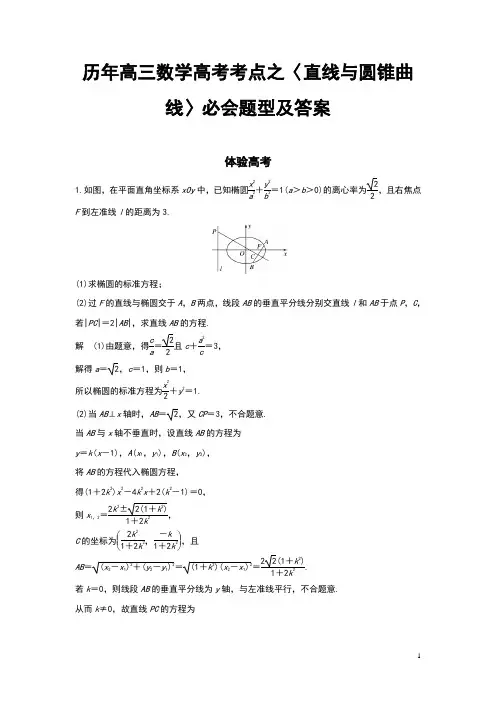 历年高三数学高考考点之〈直线与圆锥曲线〉必会题型及答案