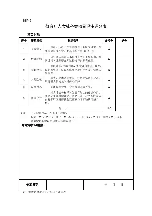 教育厅人文社科类项目评审评分表