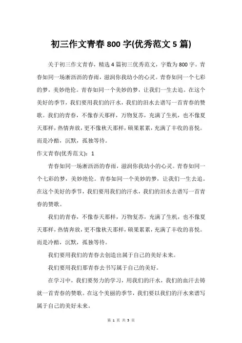 初三作文青春800字(优秀范文5篇)