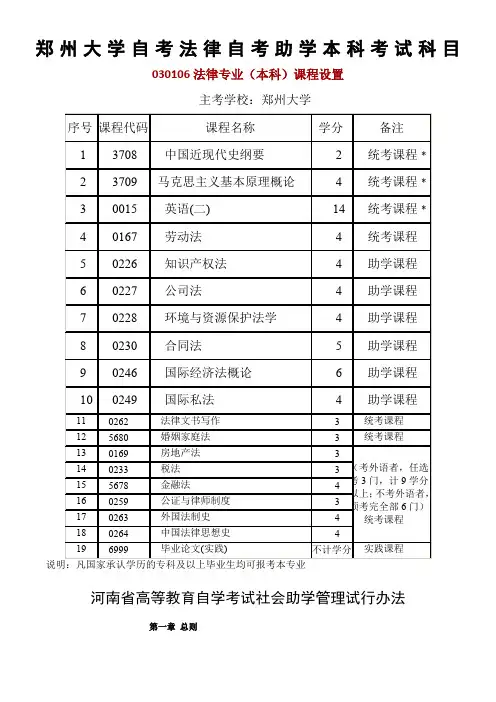 郑州大学自考法律自考助学本科考试科目