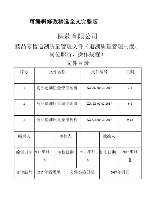 (2024版)医药公司药品零售追溯质量管理文件(追溯质量管理制度、岗位职责、操作规程)