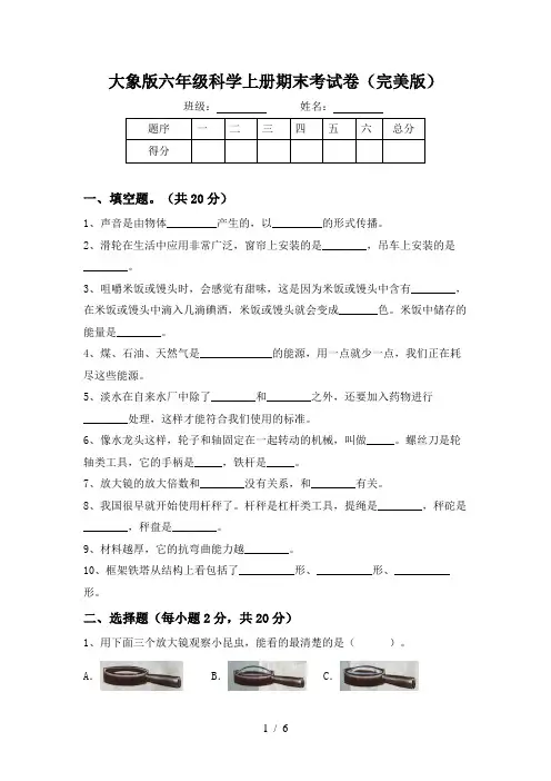 大象版六年级科学上册期末考试卷(完美版)