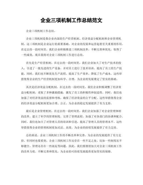 企业三项机制工作总结范文