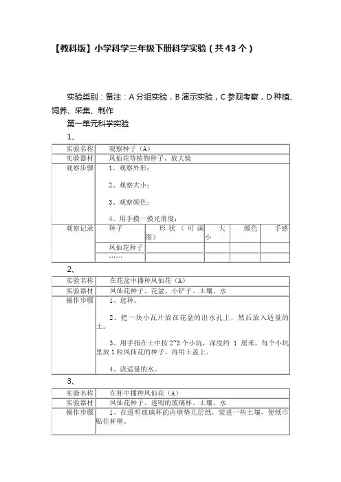 【教科版】小学科学三年级下册科学实验（共43个）
