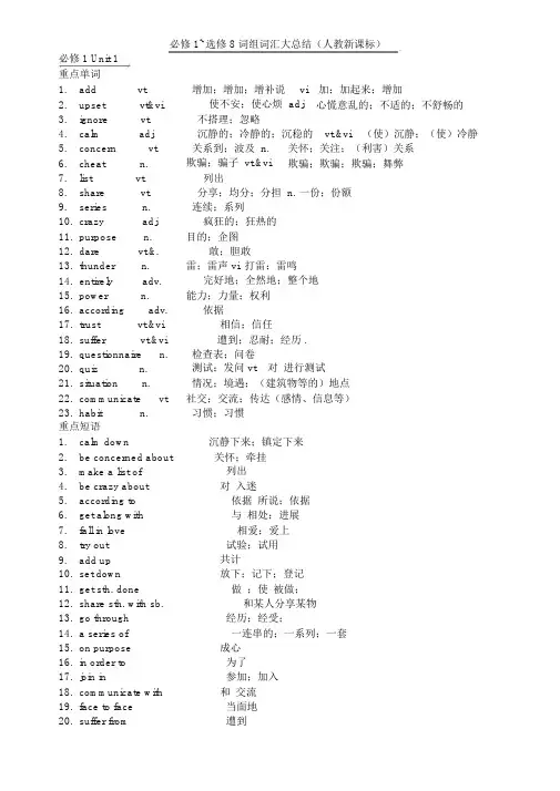 高中英语必修1~选修8词组词汇整理版
