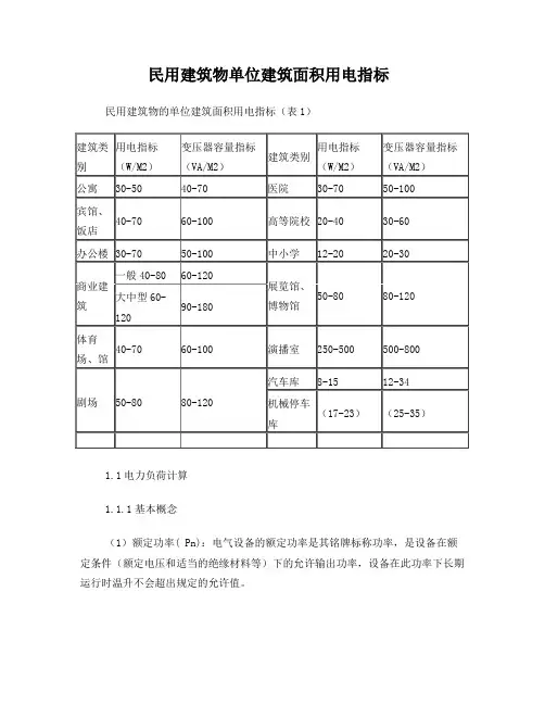 民用建筑物单位建筑面积用电指标