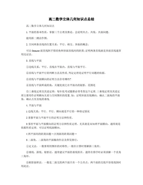 高二数学立体几何知识点总结