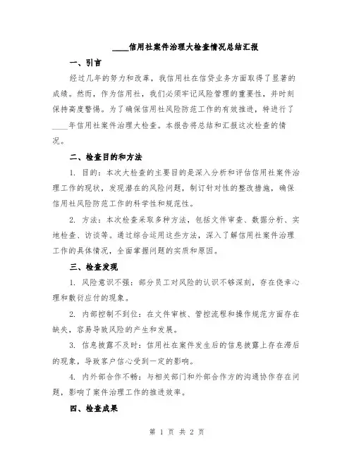 2024信用社案件治理大检查情况总结汇报
