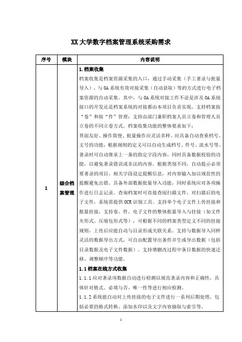 XX大学数字档案管理系统采购需求