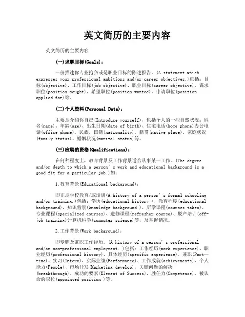 英文简历的主要内容
