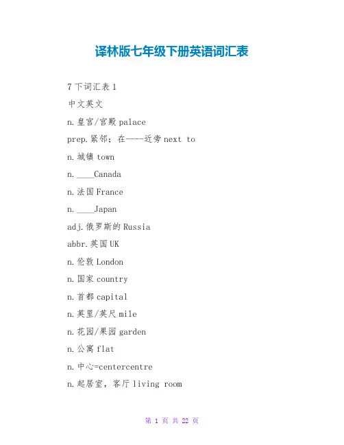译林版七年级下册英语词汇表