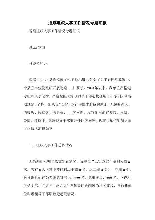 巡察组织人事工作情况专题汇报