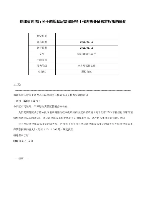 福建省司法厅关于调整基层法律服务工作者执业证核准权限的通知-闽司[2013]155号